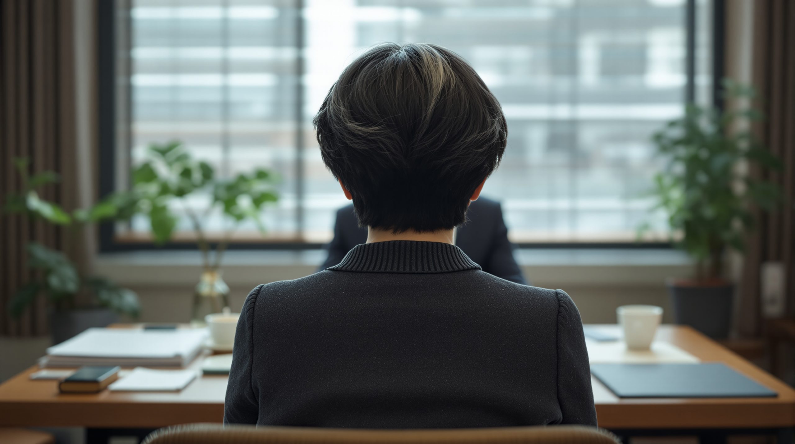 대구개인파산 첫 상담을 위해 사무실을 찾은 55세 여성 의뢰인 뒷모습
