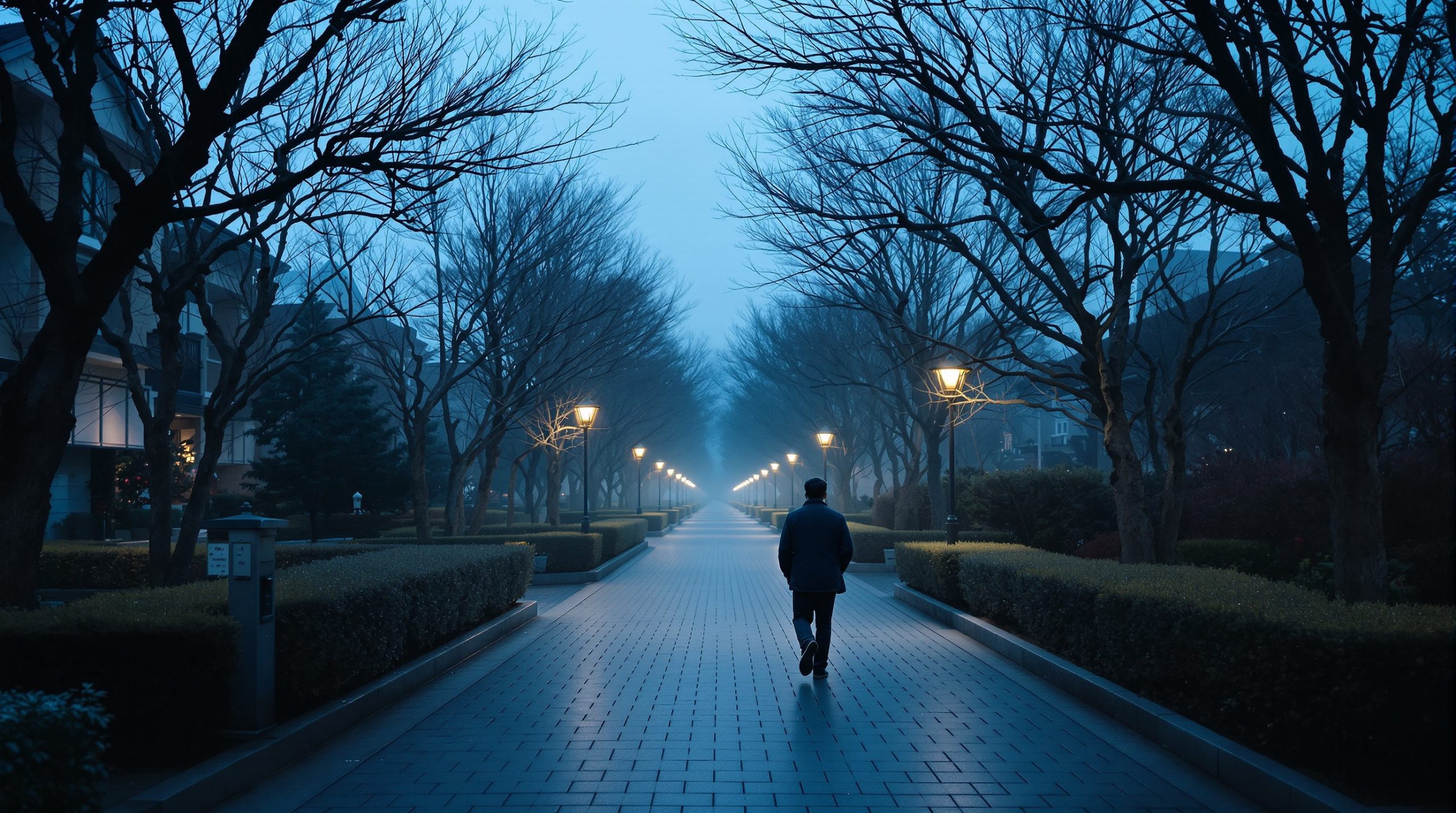 긴 하루를 마치고 새벽 산책길에 잠시 멈춘 자영업자의 뒷모습