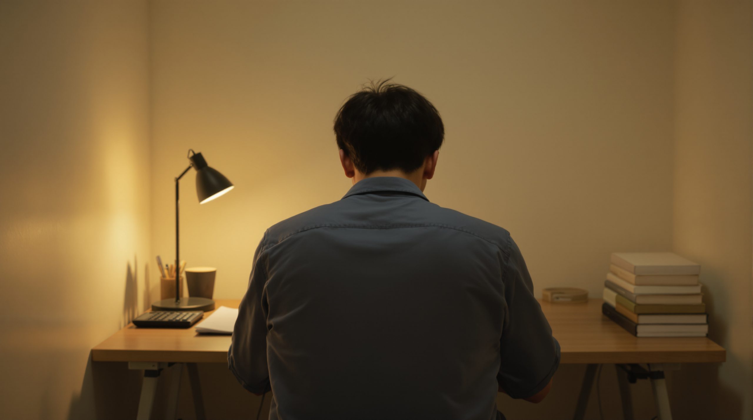 대구개인회생 신청 서류를 자취 원룸 책상에서 정리하는 20대 사회초년생 뒷모습
