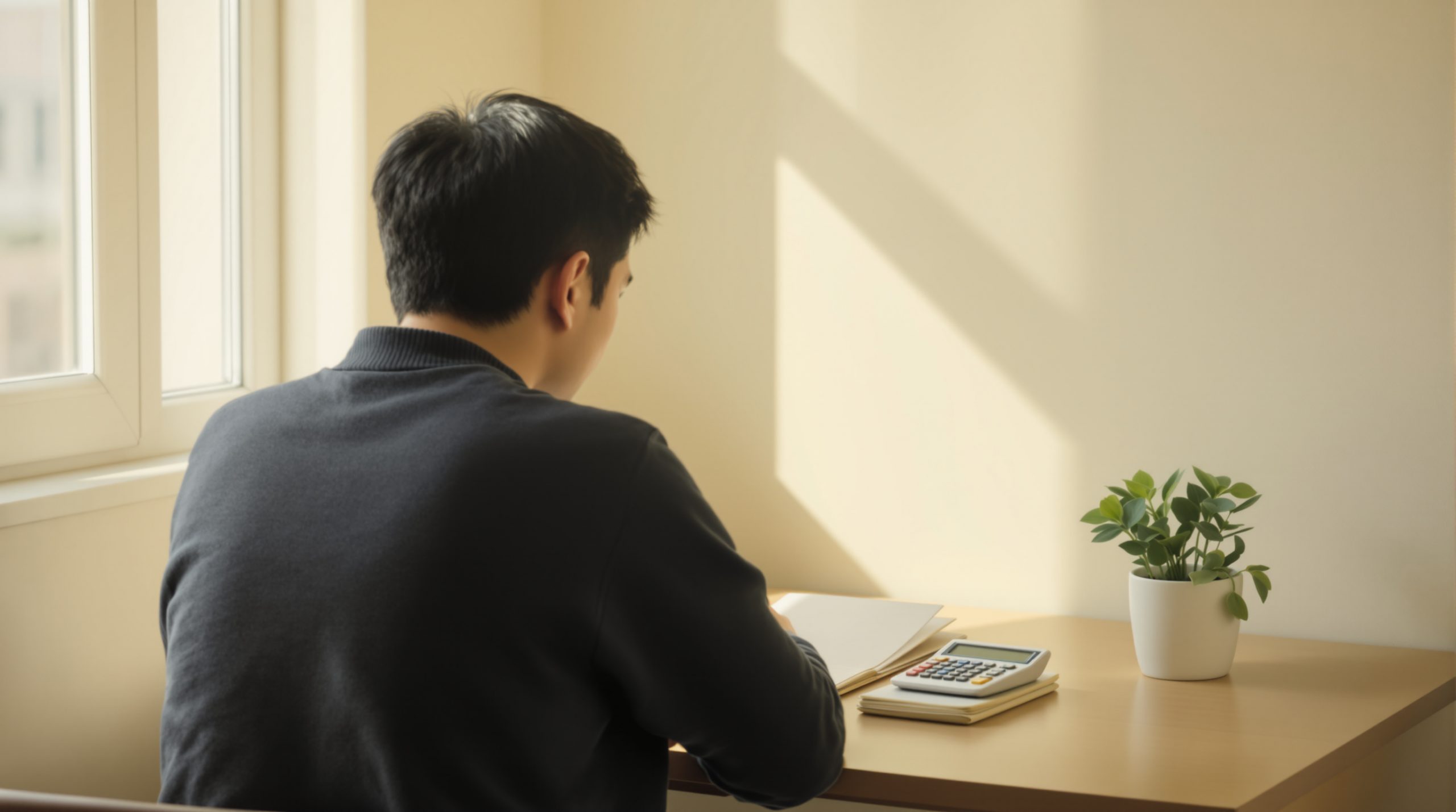 대구개인파산 진행 중 자료 검토하는 47세 의뢰인의 책상 위 풍경