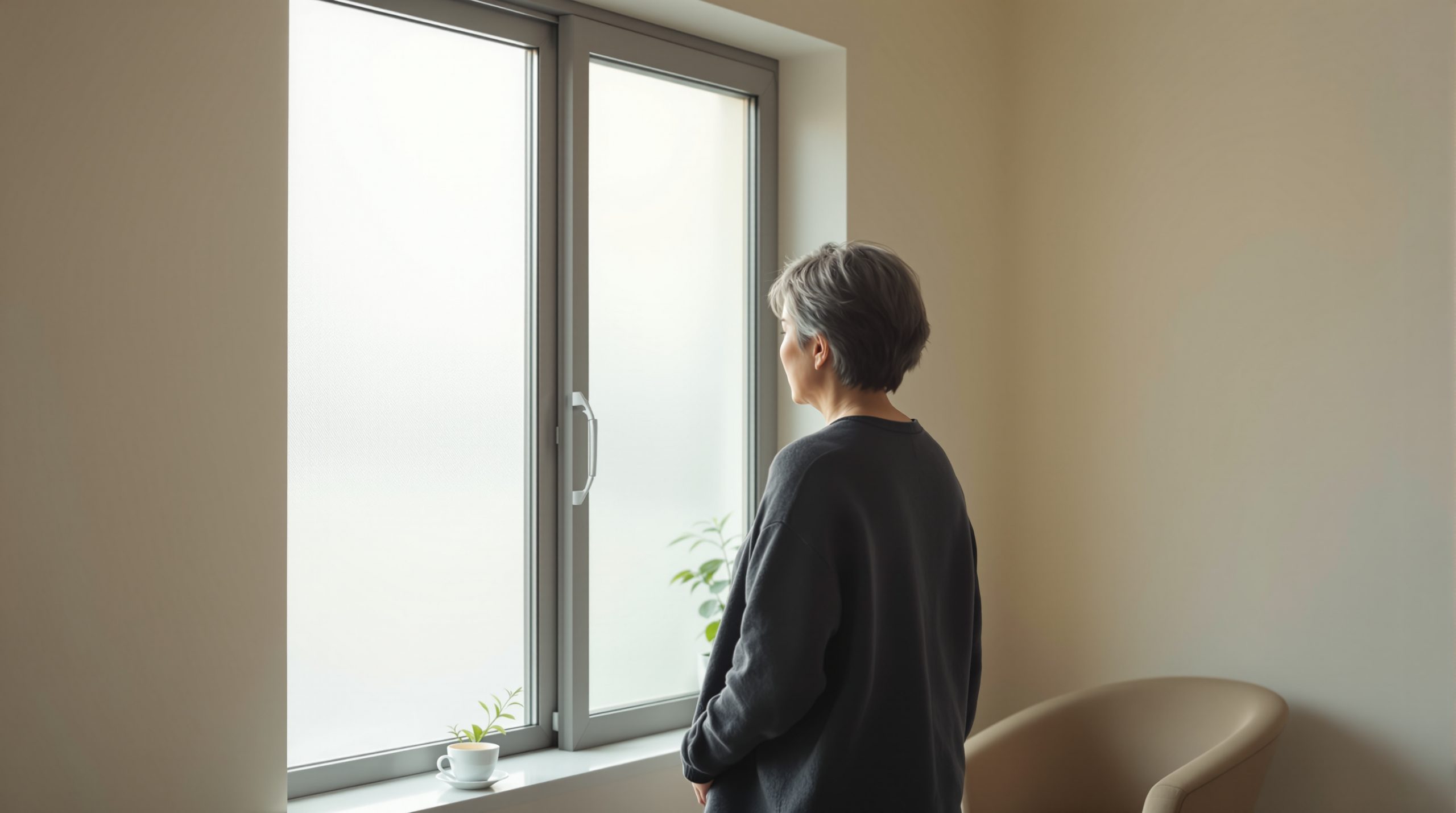 대구개인파산 진행 중 거실 창가에 잠시 서서 새 아침을 맞이하는 65세 여성 의뢰인의 뒷모습