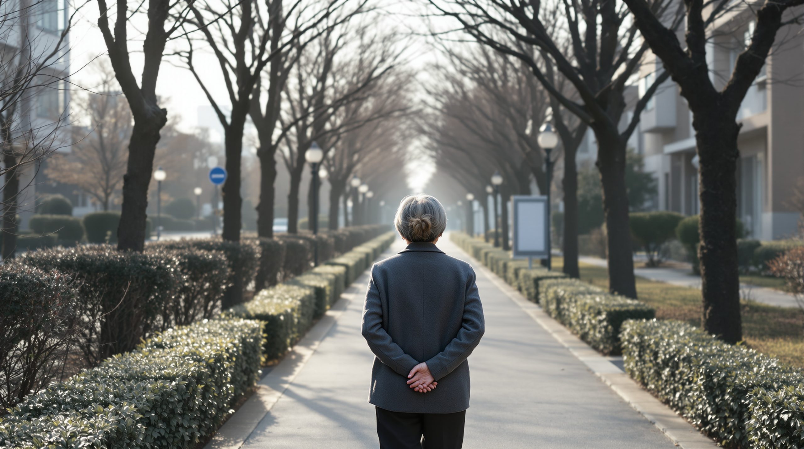 대구개인파산 면담을 앞두고 동네 공원 산책로를 걷는 65세 여성 의뢰인의 뒷모습