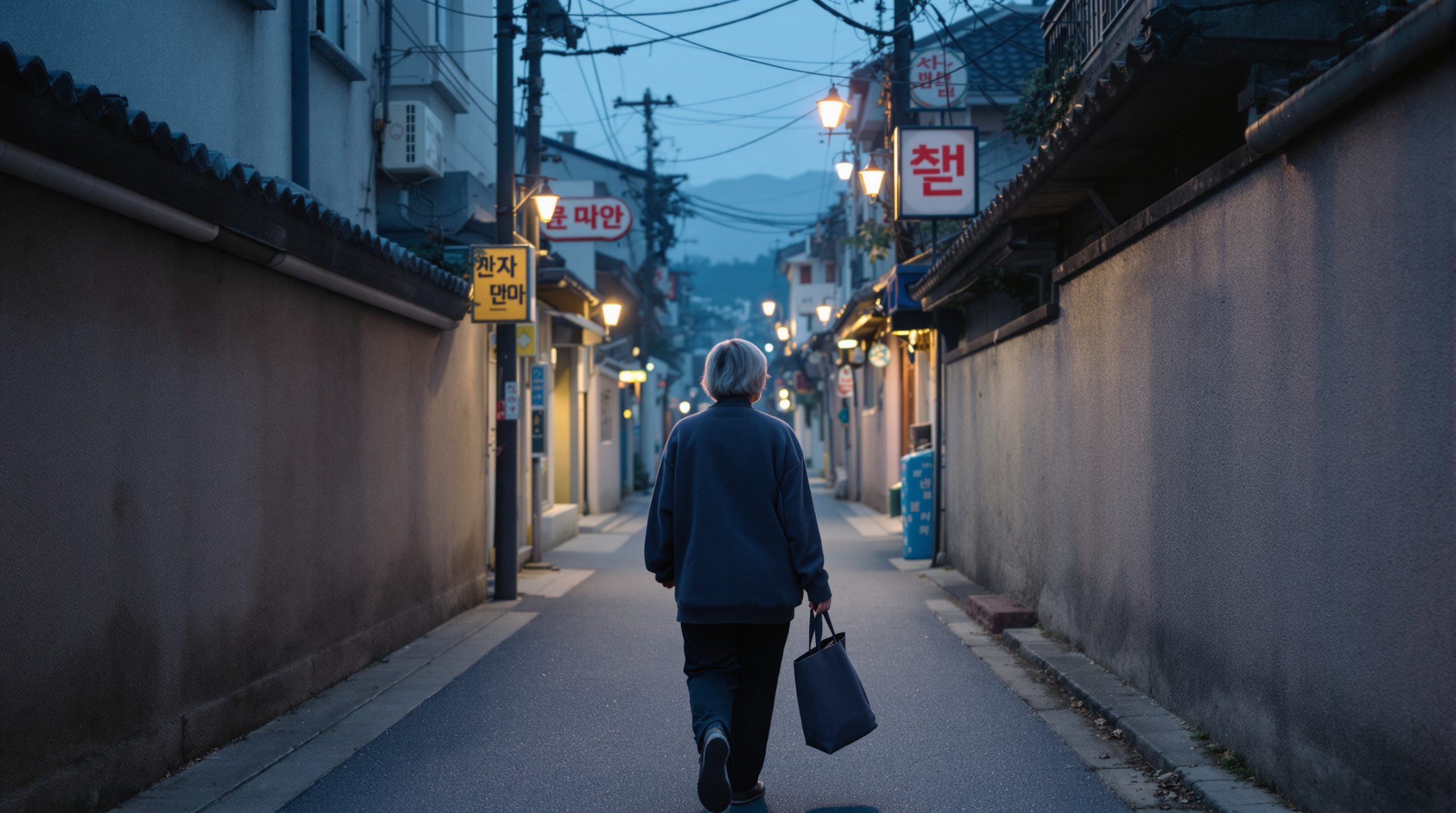 대구개인파산 면책 후 새 일터로 출근하는 65세 여성 의뢰인의 새벽 골목길 뒷모습