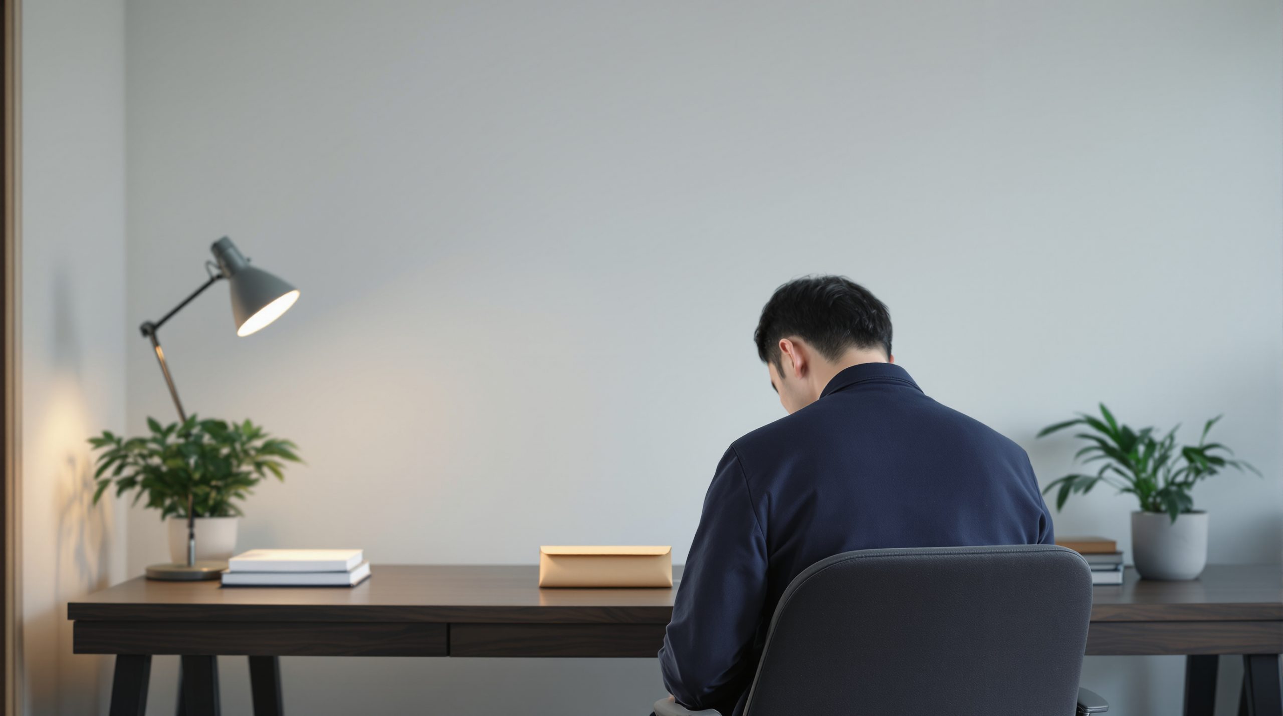 저녁 운행을 마친 화물 운수업 의뢰인이 사무실 책상 앞에 앉아 면책 결정문을 받아드는 뒷모습
