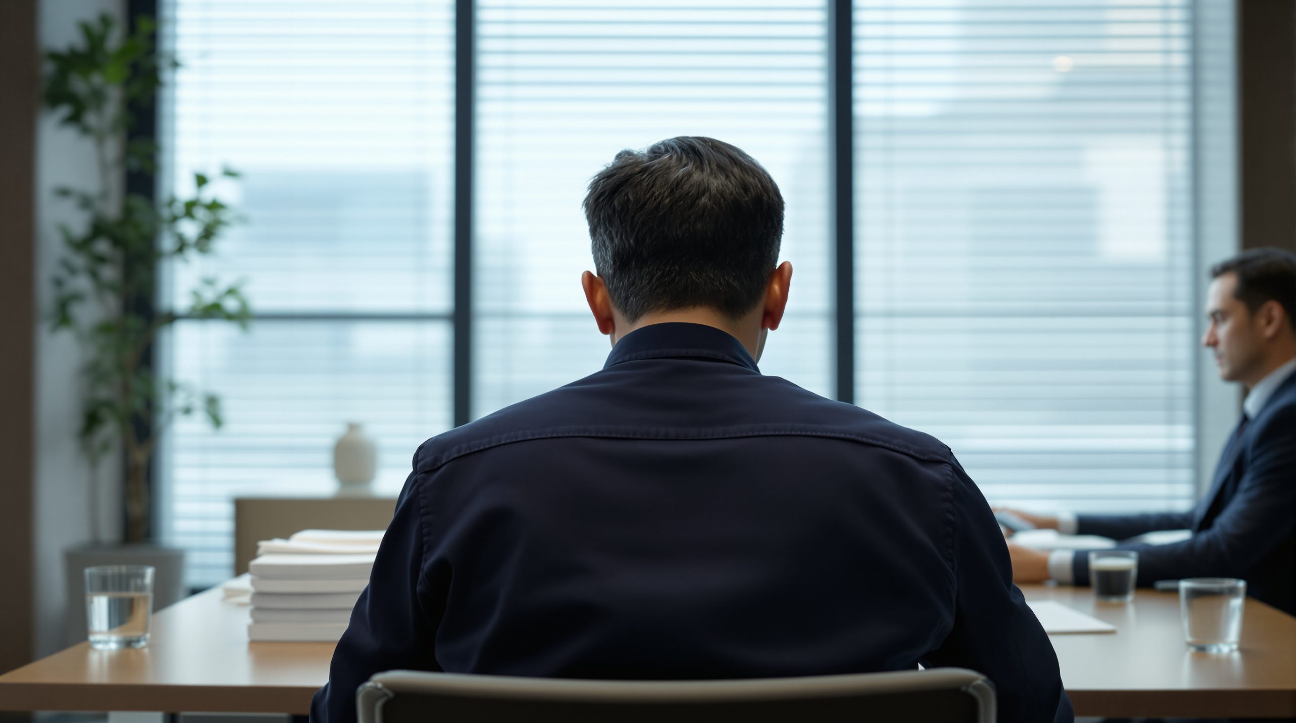 대구개인회생 전문 법무사 로맴버 상담실에서 48세 카센터 의뢰인이 진단기 출력 종이뭉치를 책상에 펼치는 뒷모습