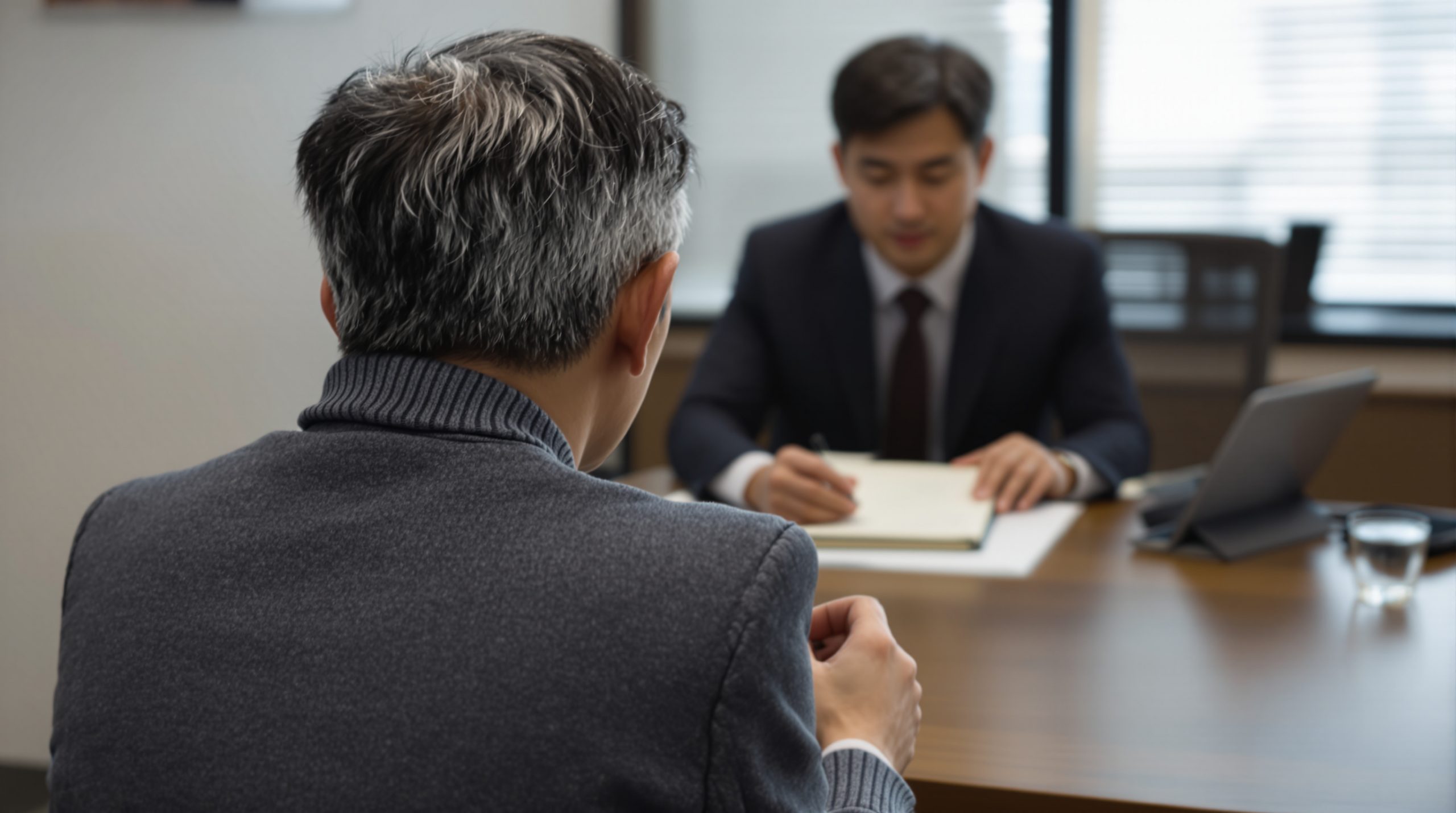 대구개인회생 전문 법무사 로맴버 상담실에서 47세 사진관 의뢰인이 15년치 매출 분류 노트를 책상에 펼치는 뒷모습