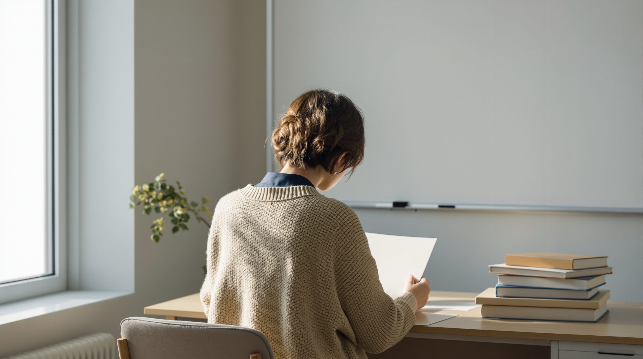 대구개인회생 인가 후 첫 학생을 맞이하기 위해 학원 책상 앞에 앉은 45세 학원장의 뒷모습