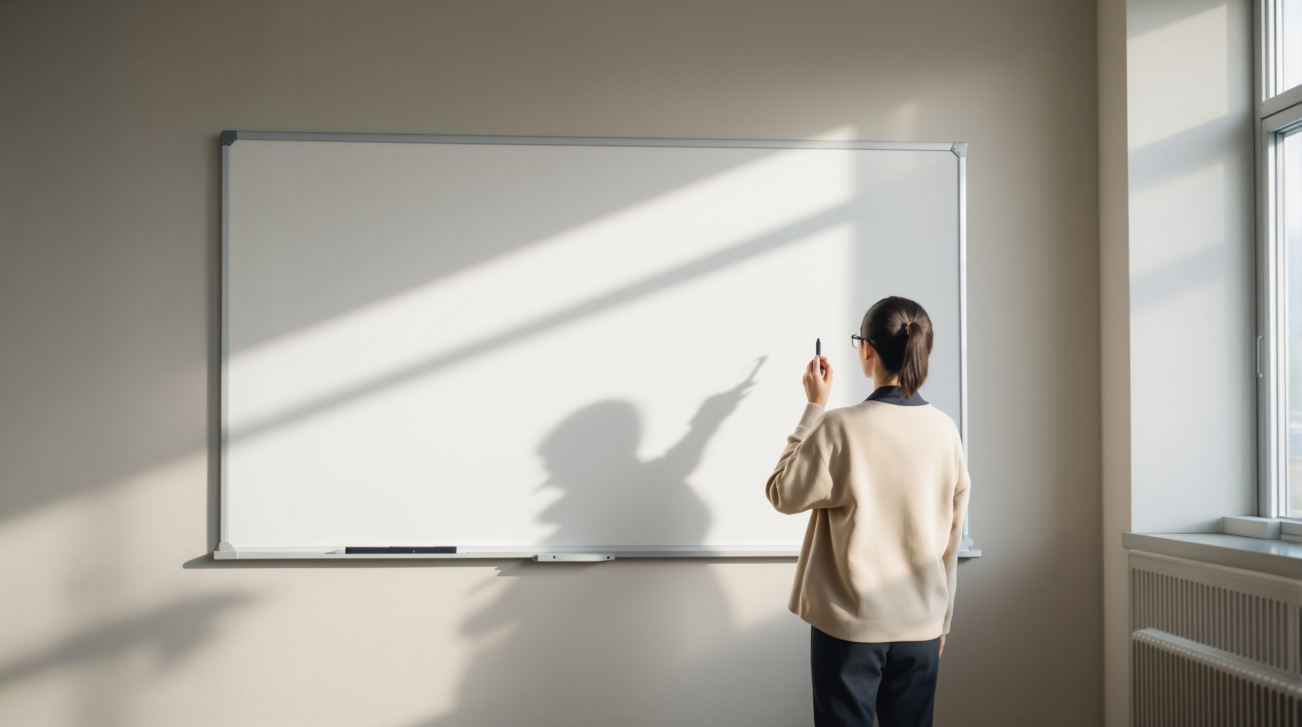 대구개인회생 인가 후 학원 화이트보드 앞에서 수업을 시작하는 45세 학원장의 뒷모습