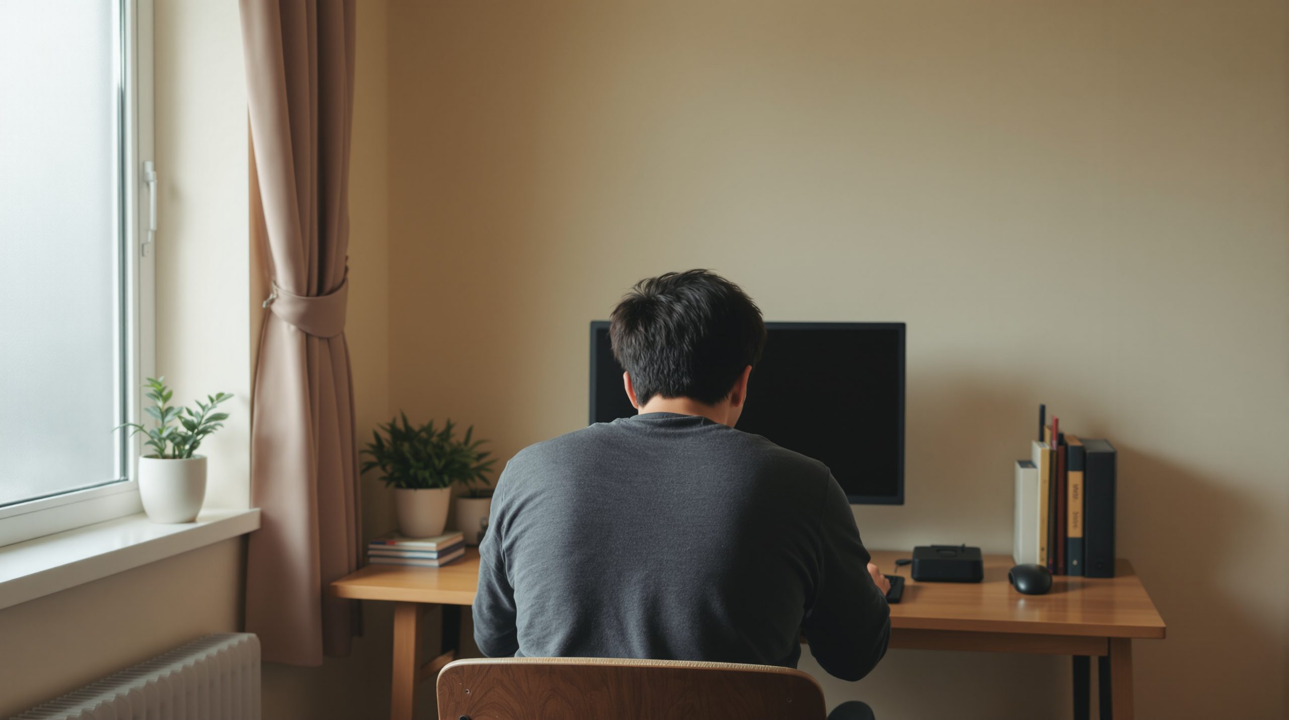 대구개인회생 인가 후 자택 작업실 책상에서 새 프로젝트 작업을 시작하는 38세 IT 프리랜서의 뒷모습