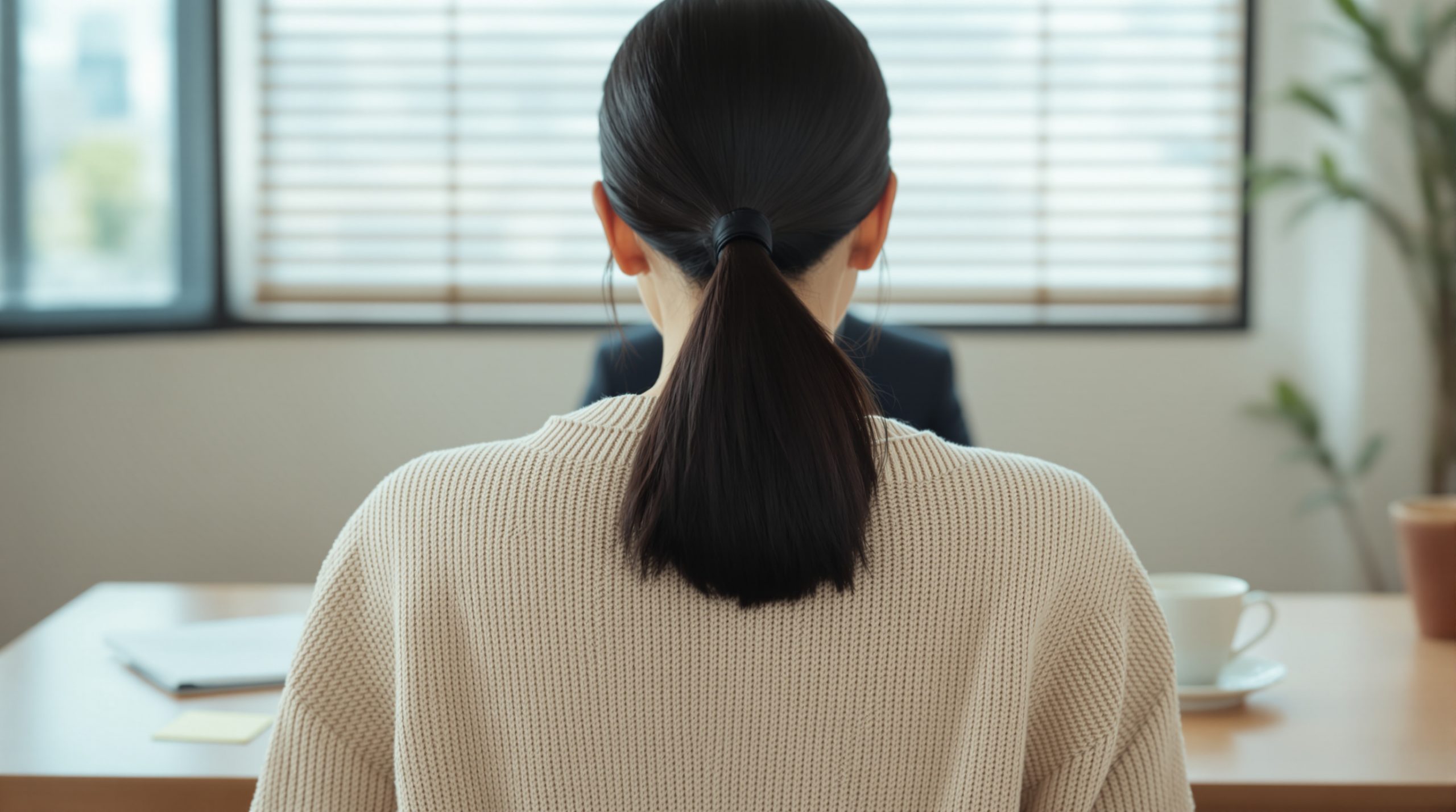 대구개인회생 전문 법무사 로맴버 상담실에서 38세 카페 의뢰인이 노란 포스트잇 두 장을 책상에 펼치는 뒷모습
