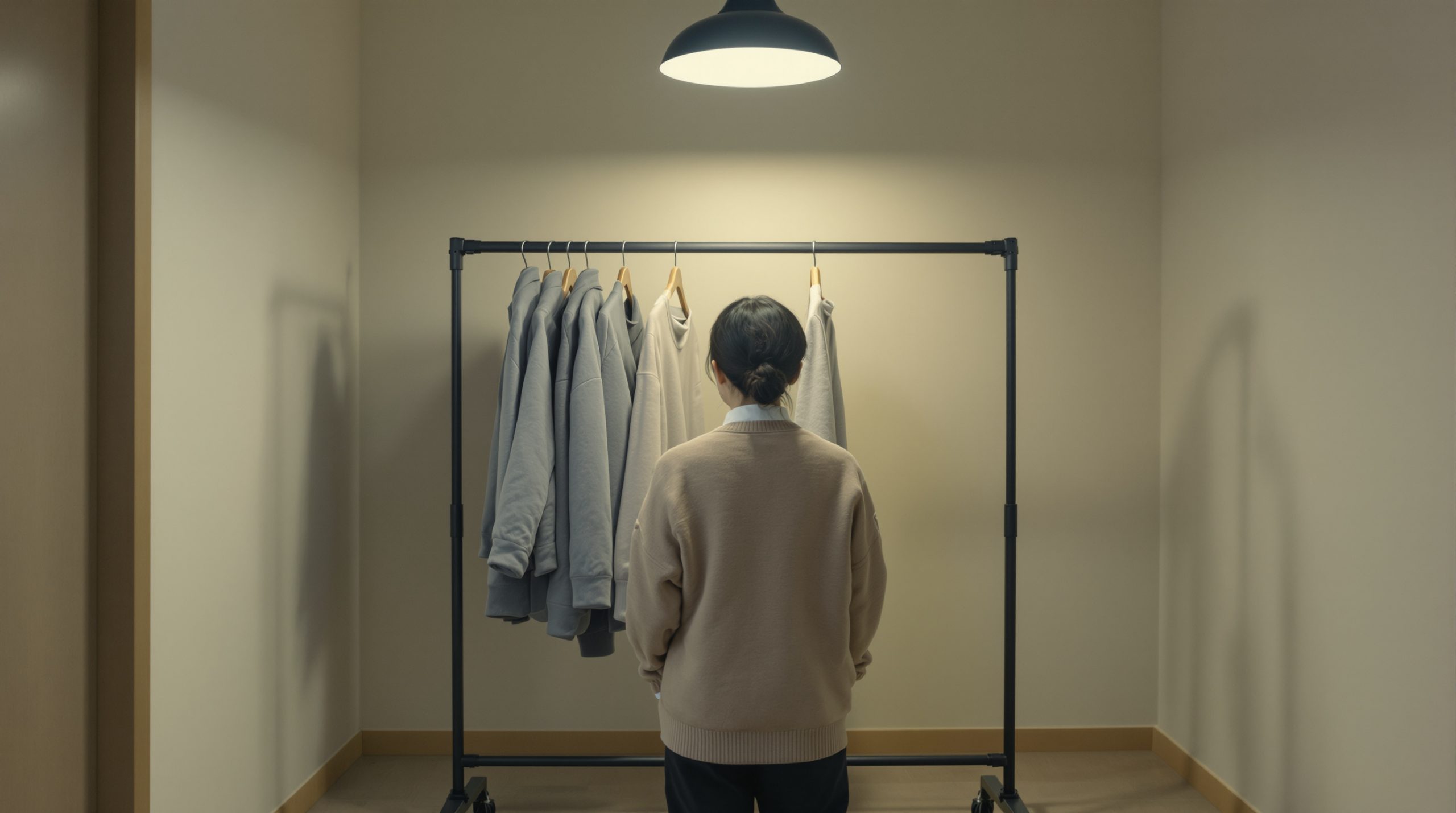 저녁 셔터 내린 세탁소 안에서 52세 사장님이 마지막 남은 겨울 이불 한 채가 걸린 옷걸이 앞에 조용히 서 계신 뒷모습