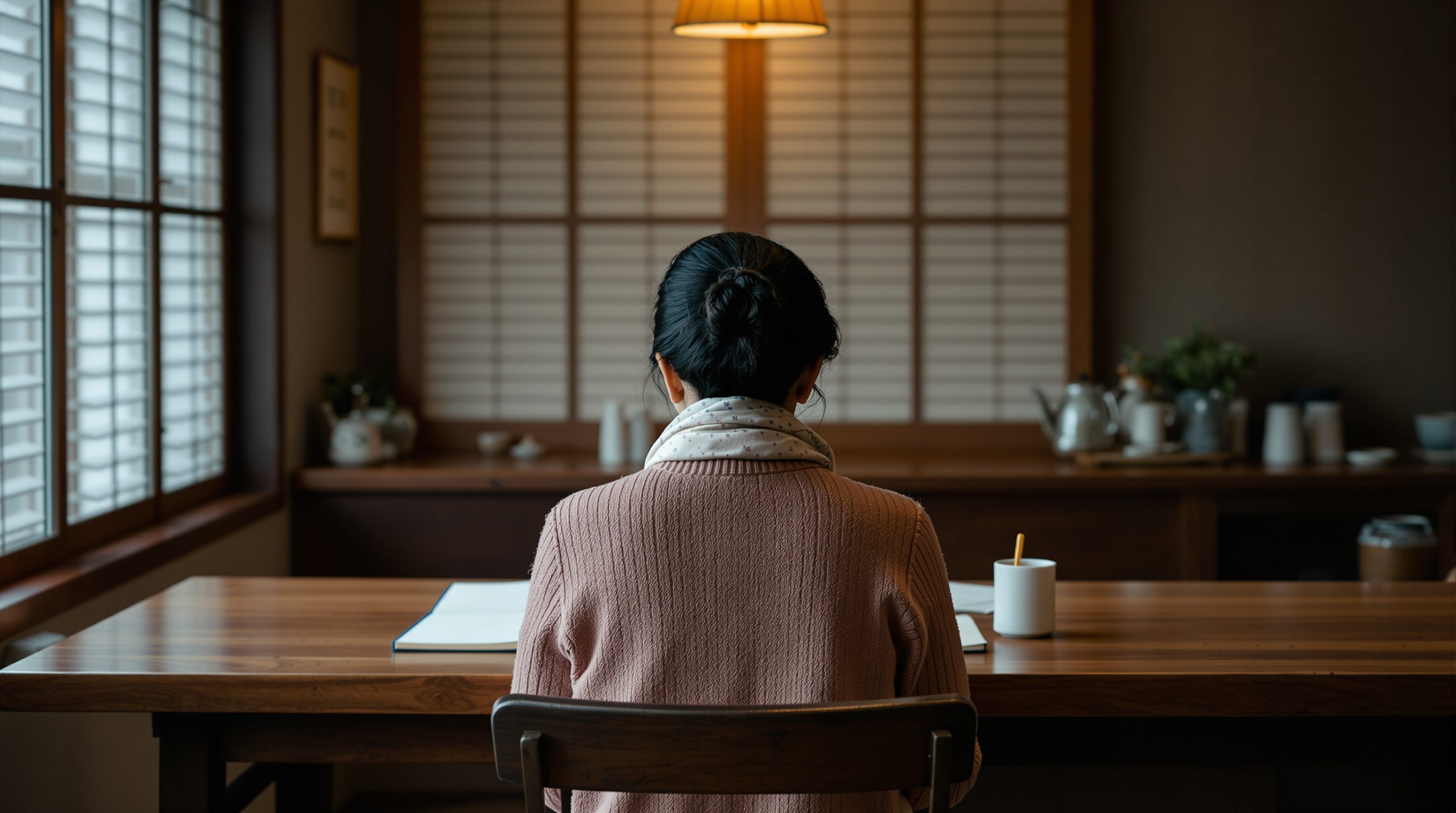 셔터 내리기 전 옛 다방 안에서 65세 사장님이 카운터 뒤 마지막 남은 매출 노트 앞에 등을 보이고 조용히 앉아 계신 뒷모습