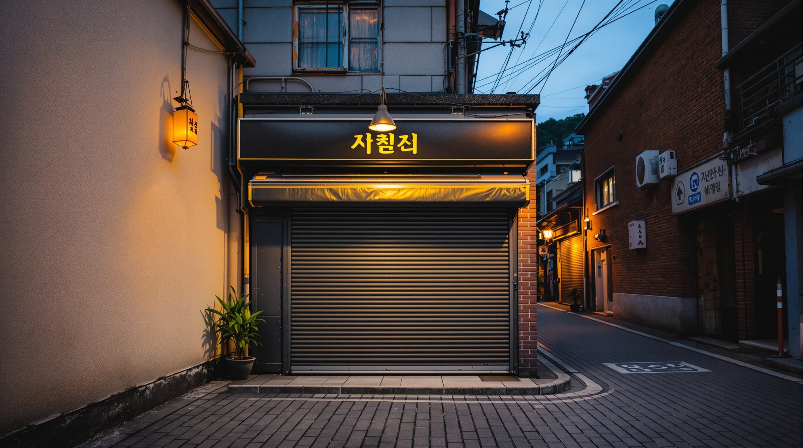 대구 중구 인교동 옛 도심 좁은 골목 저녁 풍경, 셔터 내린 1층 작은 노포 자리 사람 없음