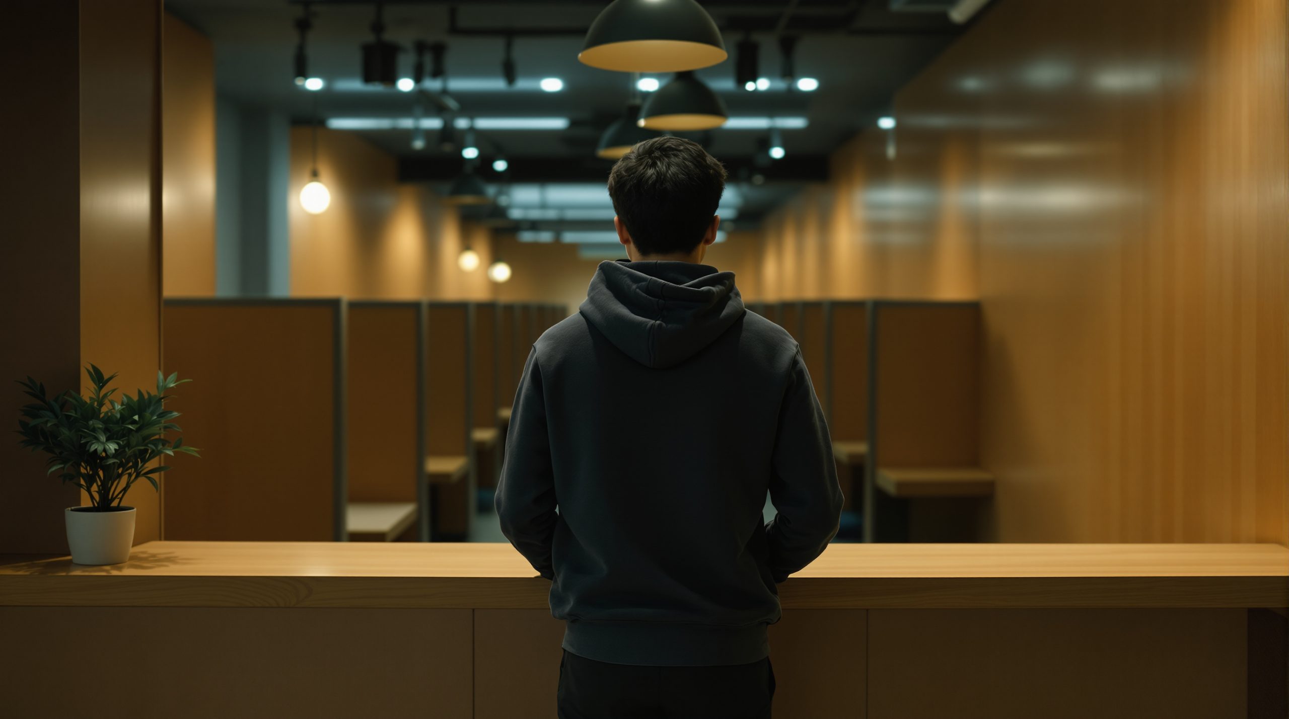 자정 무렵 셔터 내리기 직전 빈 스터디카페 카운터 뒤에 33세 사장님이 마지막 청소 후 등을 보이고 서 계신 뒷모습