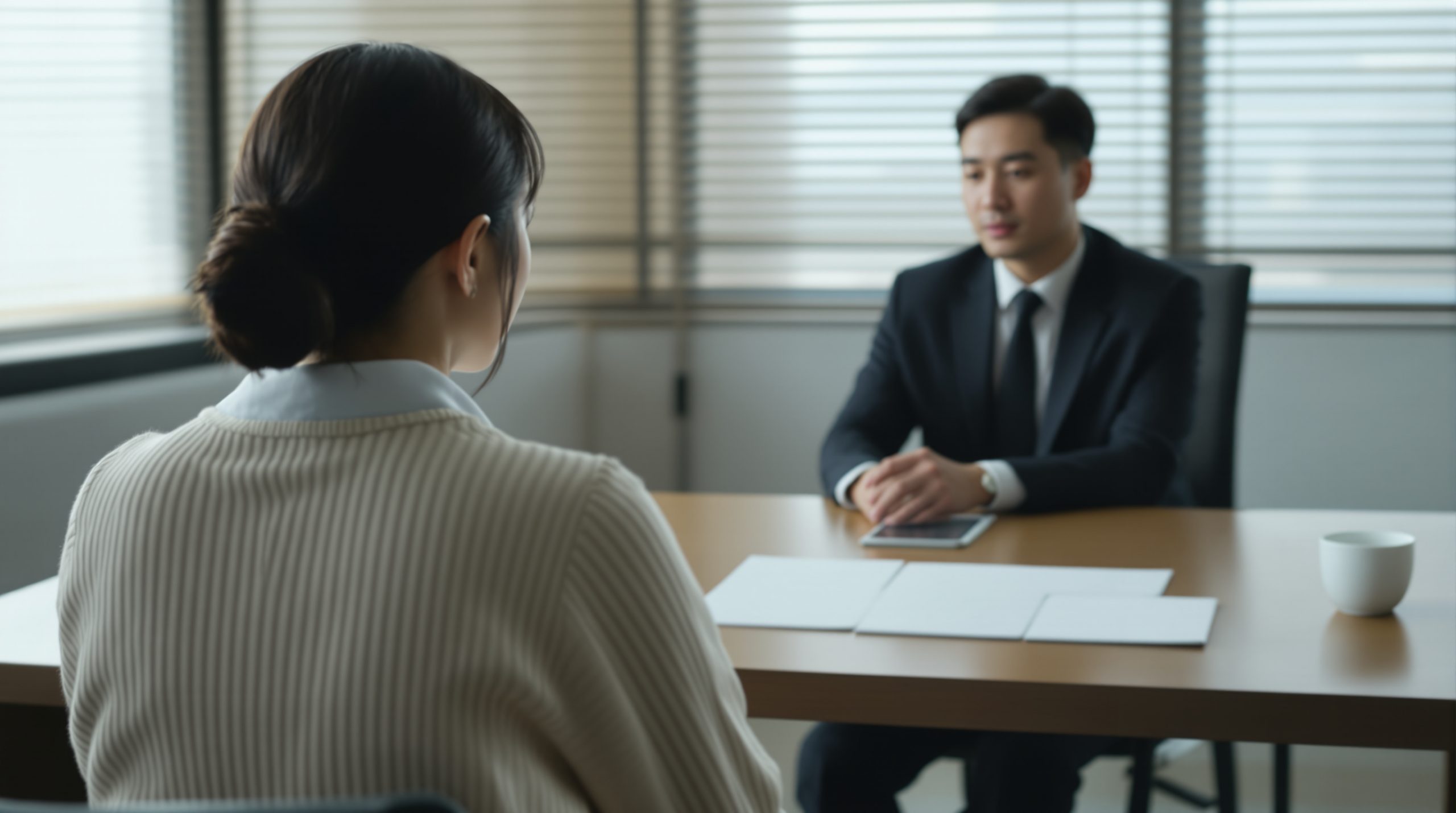 대구개인회생 전문 법무사 로맴버 상담실에서 43세 사설 어린이집 원장이 세 장의 손글씨 폐원 안내문 초안 종이를 책상 위에 나란히 펼치는 뒷모습