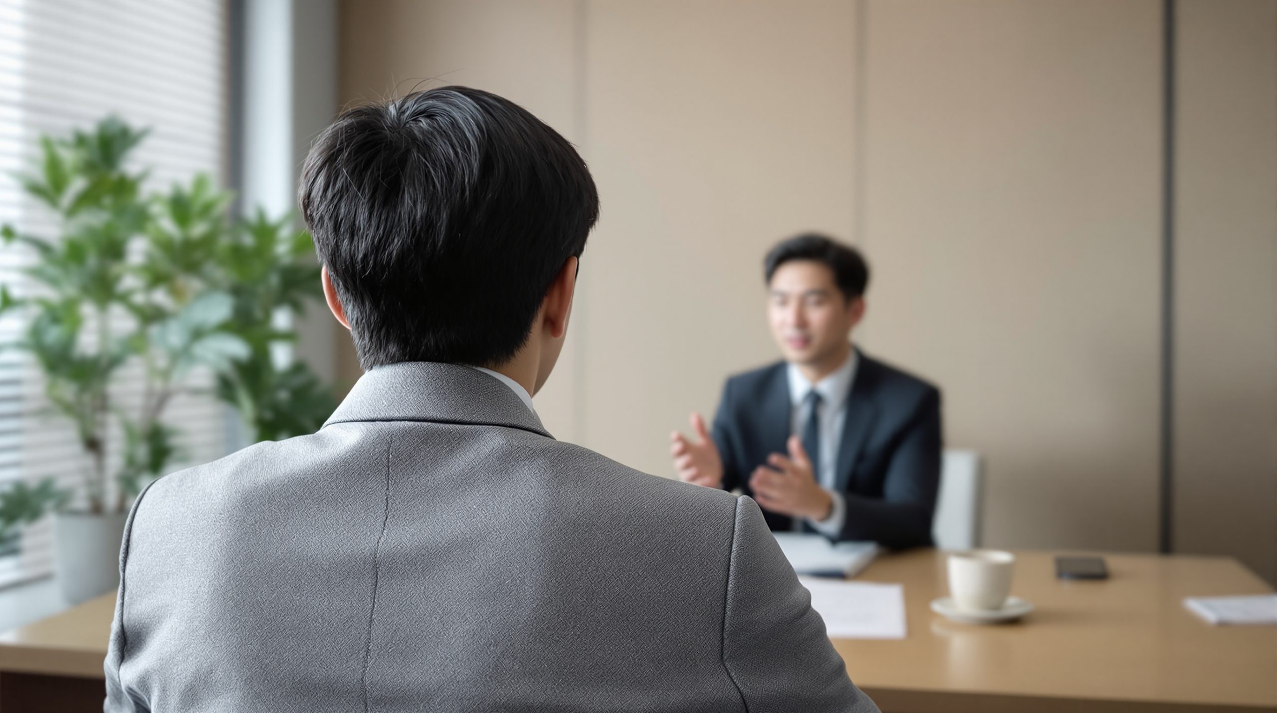 상담실에서 서류를 앞에 두고 고민하는 의뢰인 뒷모습