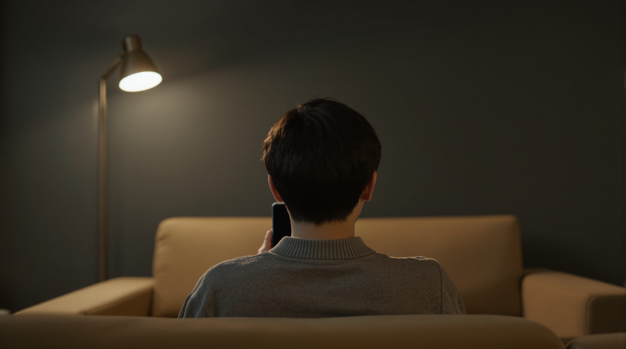 늦은 밤 소파에 앉아 스마트폰을 바라보는 뒷모습