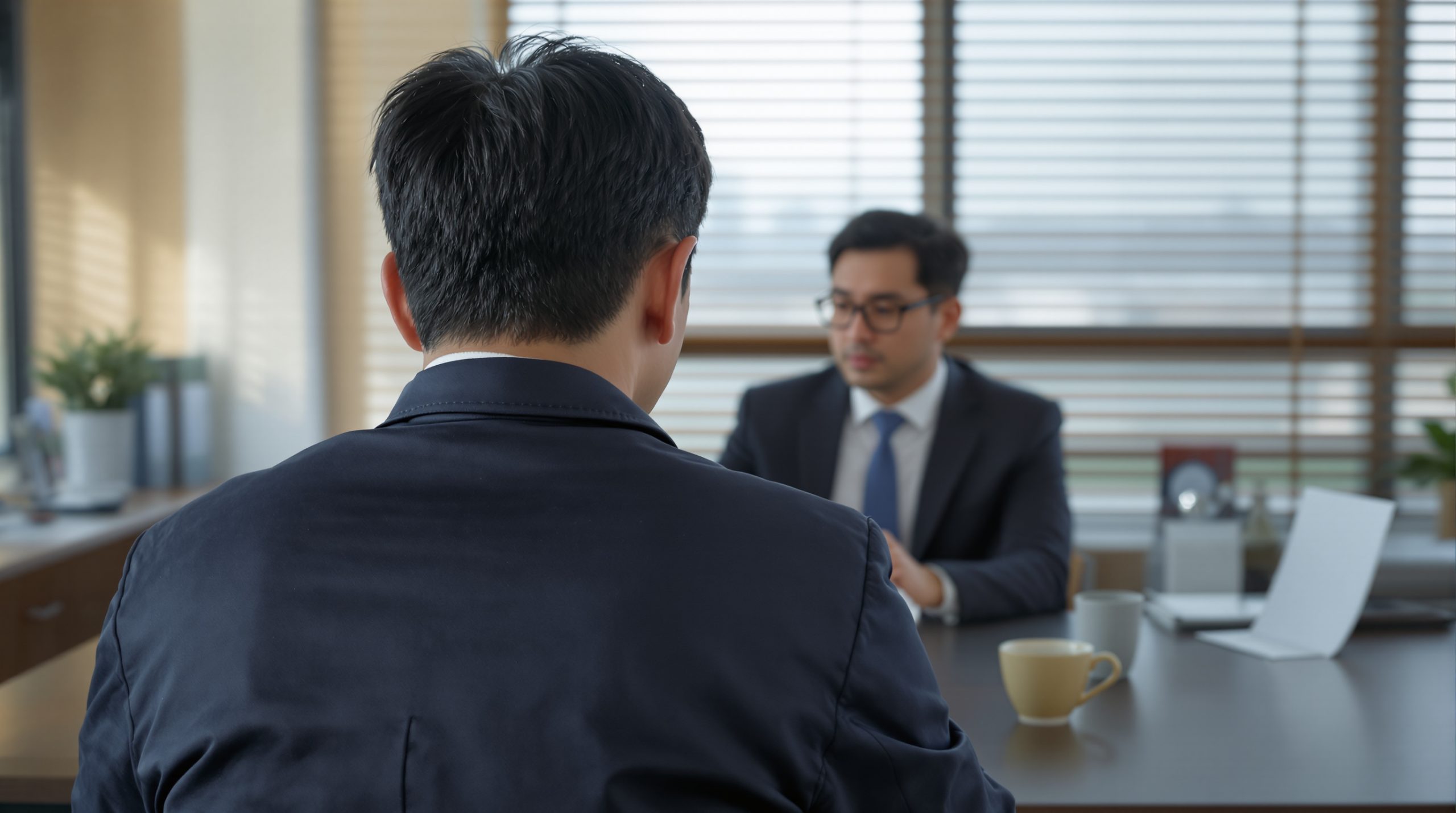 대구개인회생 전문 법무사 로맴버 상담실 - 44세 지입차주 남성이 서류 봉투를 책상 위에 꺼내는 뒷모습