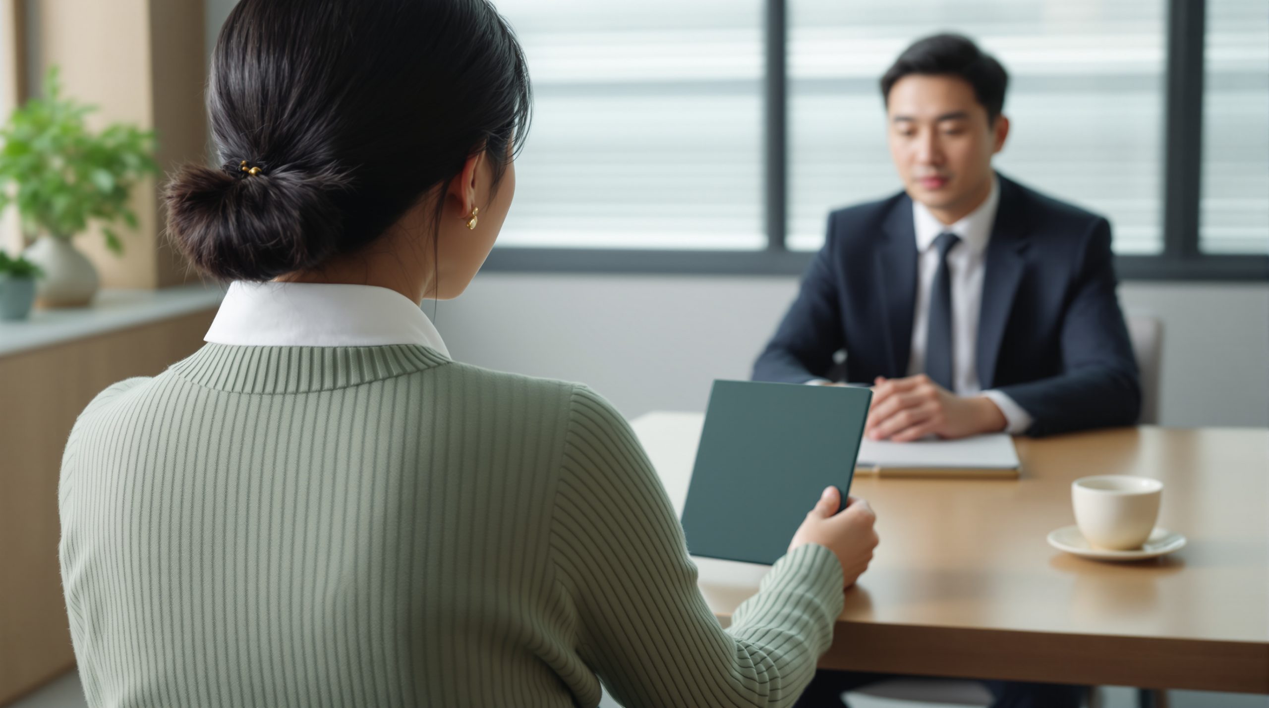 대구개인회생 전문 법무사 로맴버 상담실 — 47세 간호조무사 여성이 서류를 테이블 위에 꺼내는 뒷모습