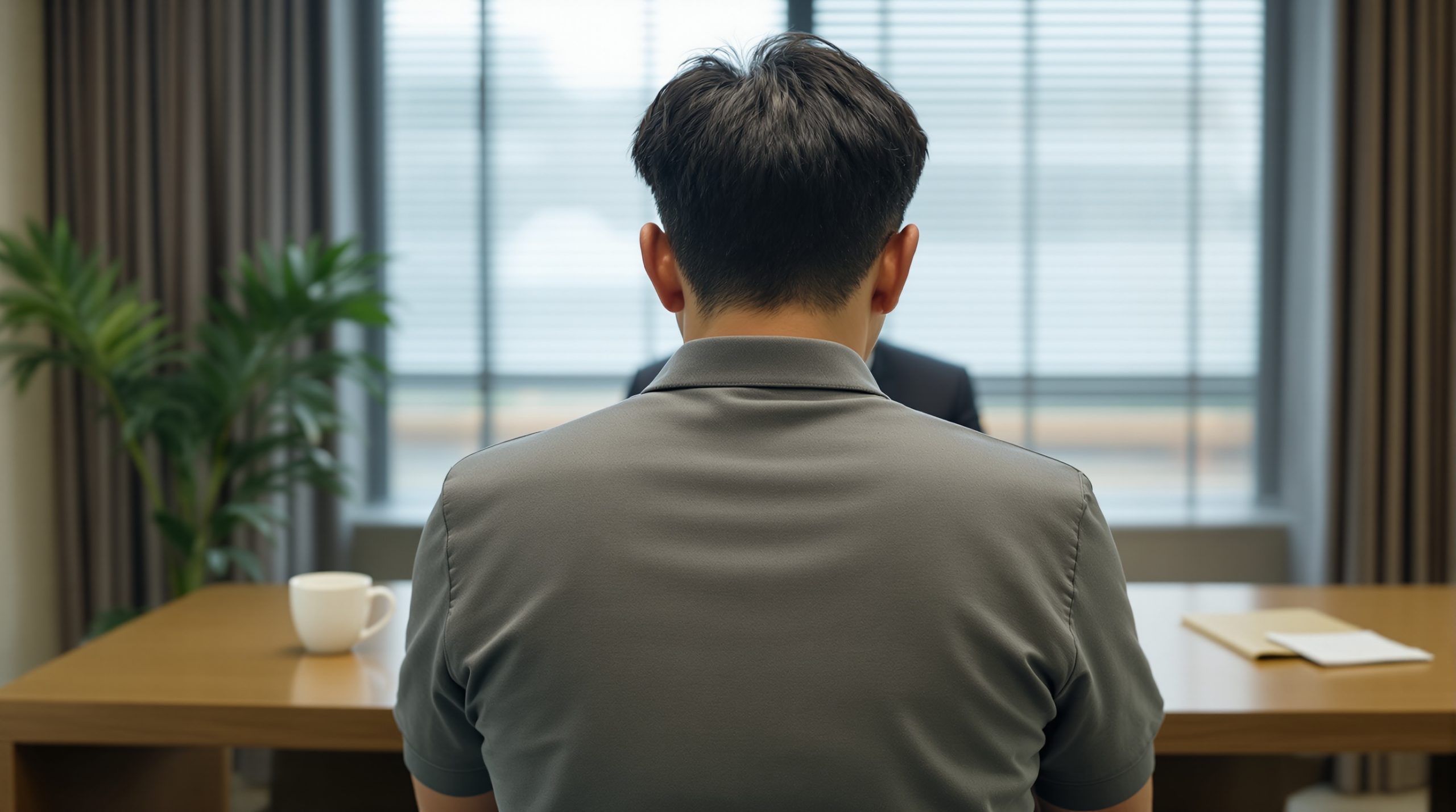 법무사 상담실에서 서류를 바라보는 남성 뒷모습