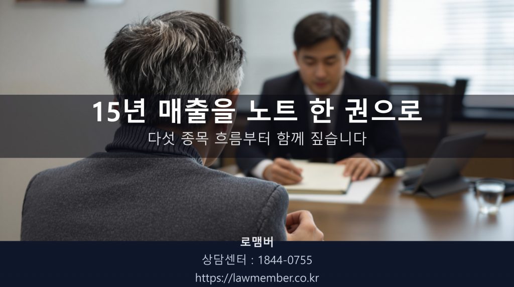 대구개인회생 전문 법무사 로맴버 상담실에서 47세 사진관 의뢰인이 15년치 매출 분류 노트를 책상에 펼치는 뒷모습