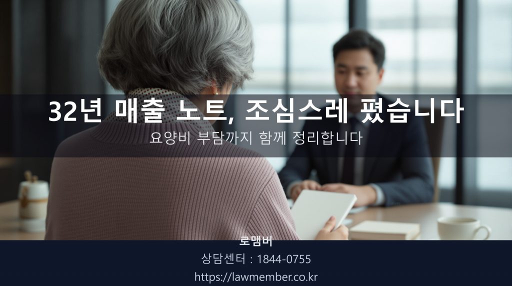 대구개인회생 전문 법무사 로맴버 상담실에서 65세 다방 사장님이 32년치 손글씨 매출 노트를 책상 위에 조심스럽게 펼치는 뒷모습