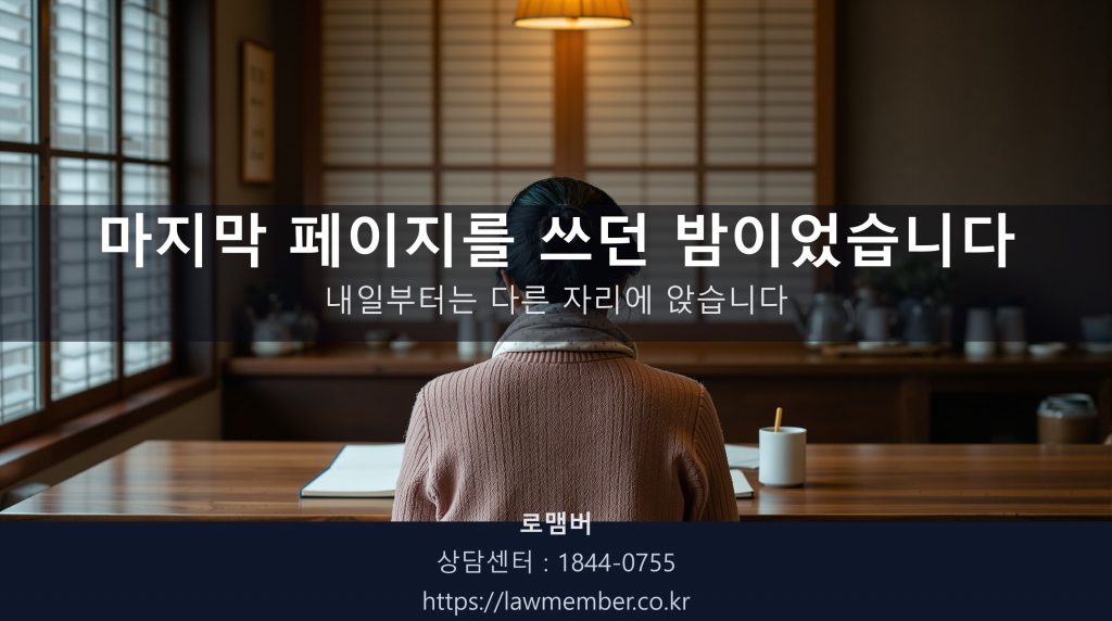 셔터 내리기 전 옛 다방 안에서 65세 사장님이 카운터 뒤 마지막 남은 매출 노트 앞에 등을 보이고 조용히 앉아 계신 뒷모습