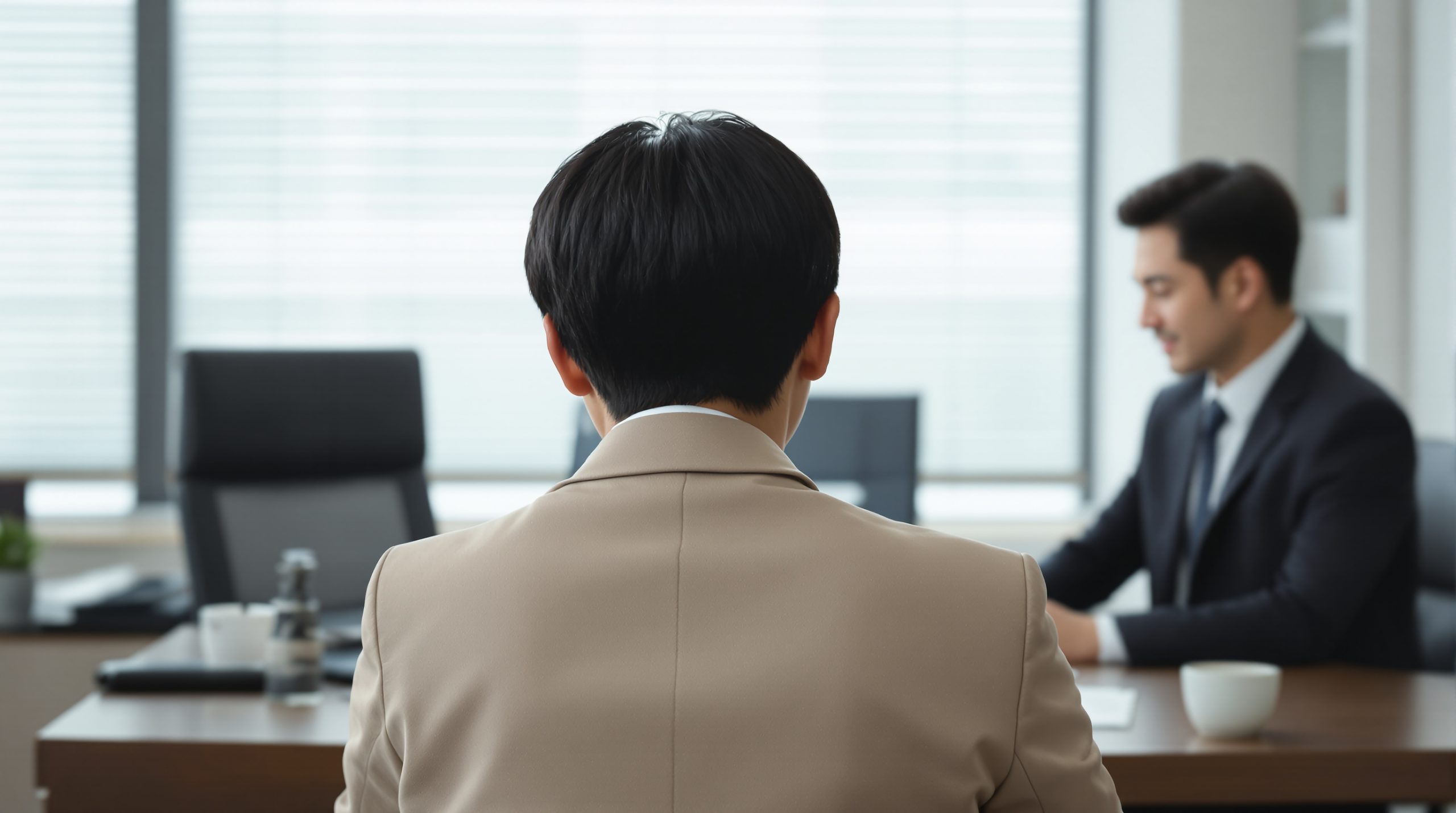 상담실에서 서류봉투를 조심스럽게 건네는 뒷모습