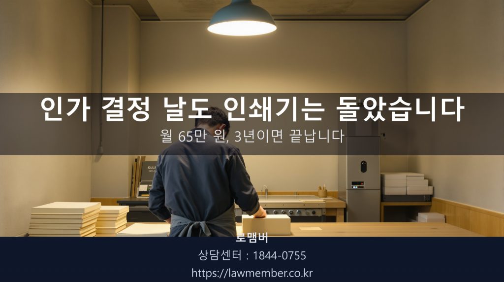 저녁 작업을 마친 인쇄소 자영업자가 작업대 앞에서 견본 종이를 정리하는 뒷모습