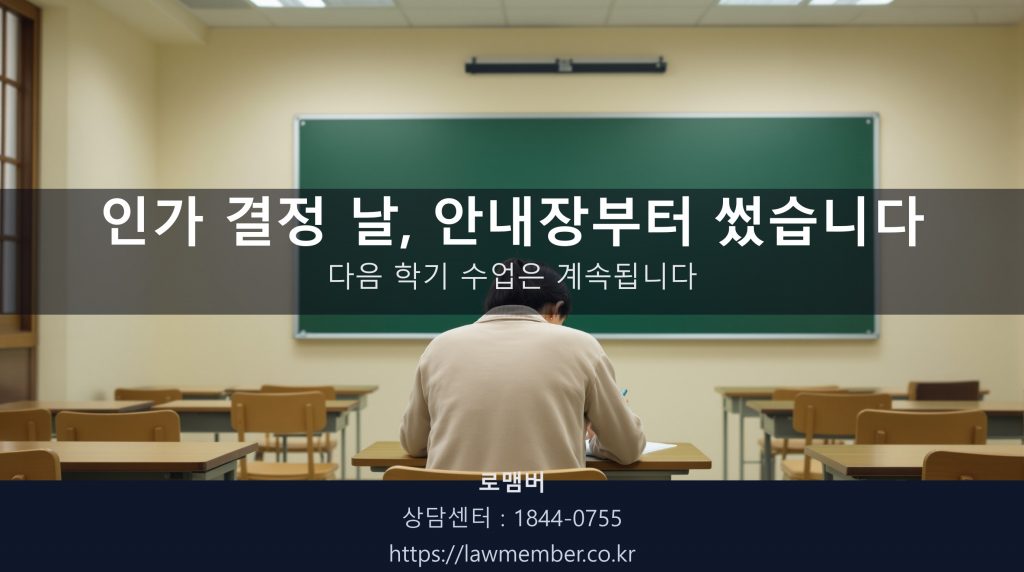 저녁 수업 마친 보습학원 빈 강의실에서 45세 사장님이 작은 책상 앞에 앉아 안내장 초안을 쓰는 뒷모습