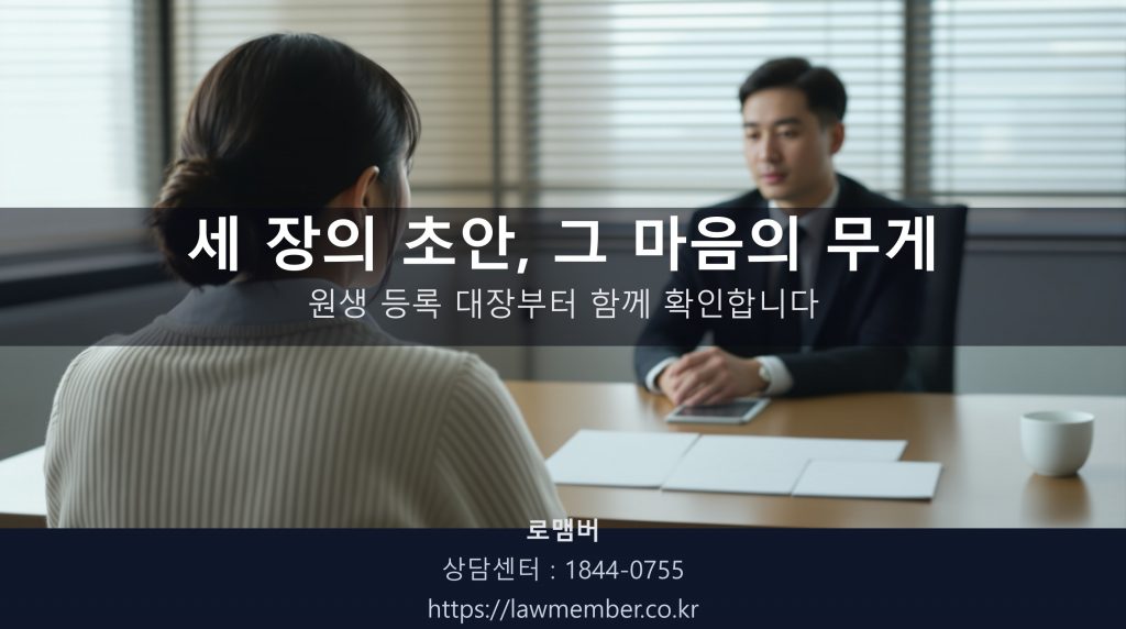 대구개인회생 전문 법무사 로맴버 상담실에서 43세 사설 어린이집 원장이 세 장의 손글씨 폐원 안내문 초안 종이를 책상 위에 나란히 펼치는 뒷모습